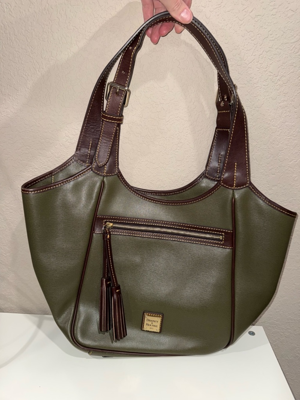 Dooney & Bourke Olive Green Shoulder Bag with Brown Trim